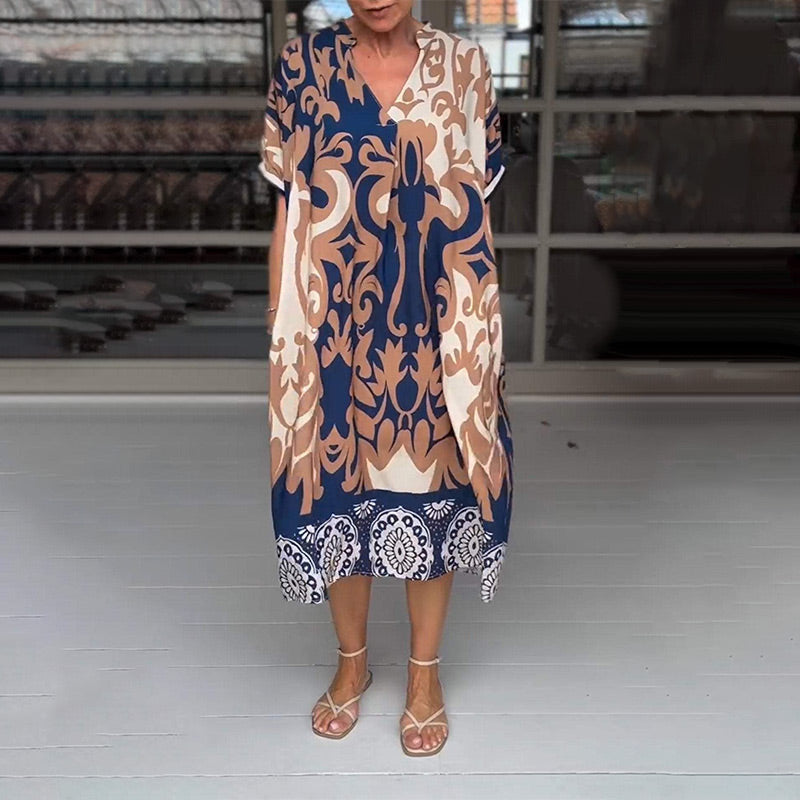 Analie | Bedrucktes, lockeres Midikleid mit V-Ausschnitt