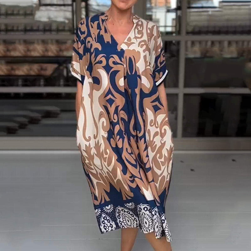 Analie | Bedrucktes, lockeres Midikleid mit V-Ausschnitt