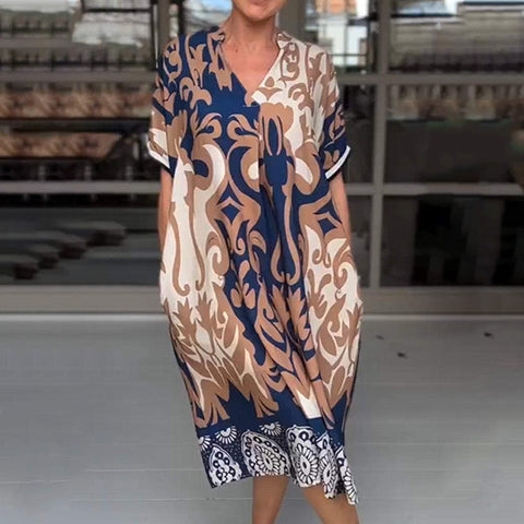 Analie | Bedrucktes, lockeres Midikleid mit V-Ausschnitt