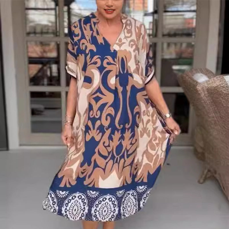 Analie | Bedrucktes, lockeres Midikleid mit V-Ausschnitt