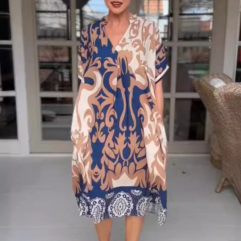 Analie | Bedrucktes, lockeres Midikleid mit V-Ausschnitt