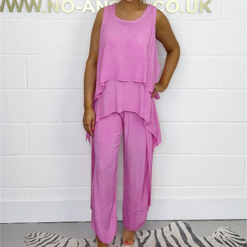 Hamza | Supergroßer Rabatt Casual ärmelloses lockeres Top und Hosen-Set für Damen in großen Größen