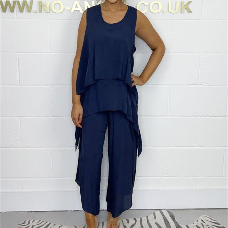 Hamza | Supergroßer Rabatt Casual ärmelloses lockeres Top und Hosen-Set für Damen in großen Größen