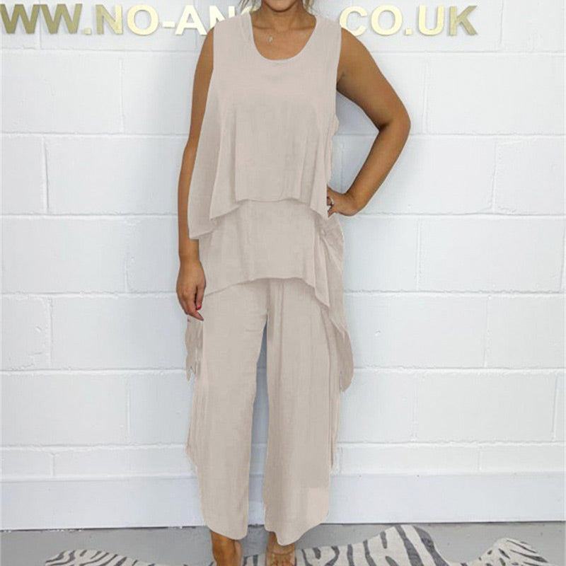 Hamza | Supergroßer Rabatt Casual ärmelloses lockeres Top und Hosen-Set für Damen in großen Größen