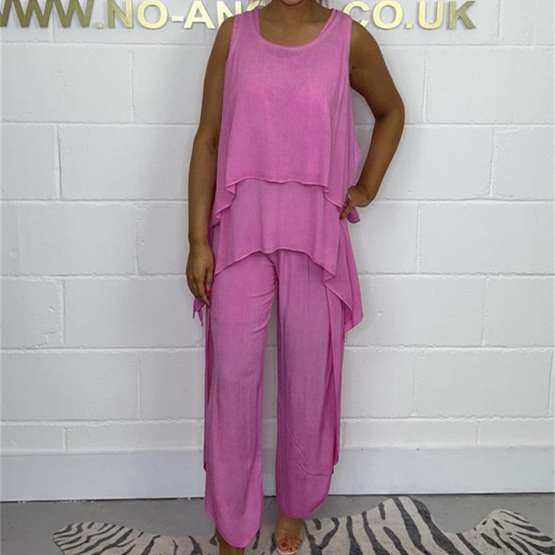Hamza | Supergroßer Rabatt Casual ärmelloses lockeres Top und Hosen-Set für Damen in großen Größen