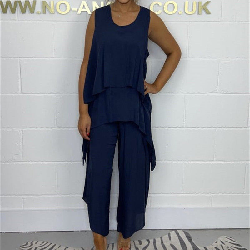 Hamza | Supergroßer Rabatt Casual ärmelloses lockeres Top und Hosen-Set für Damen in großen Größen