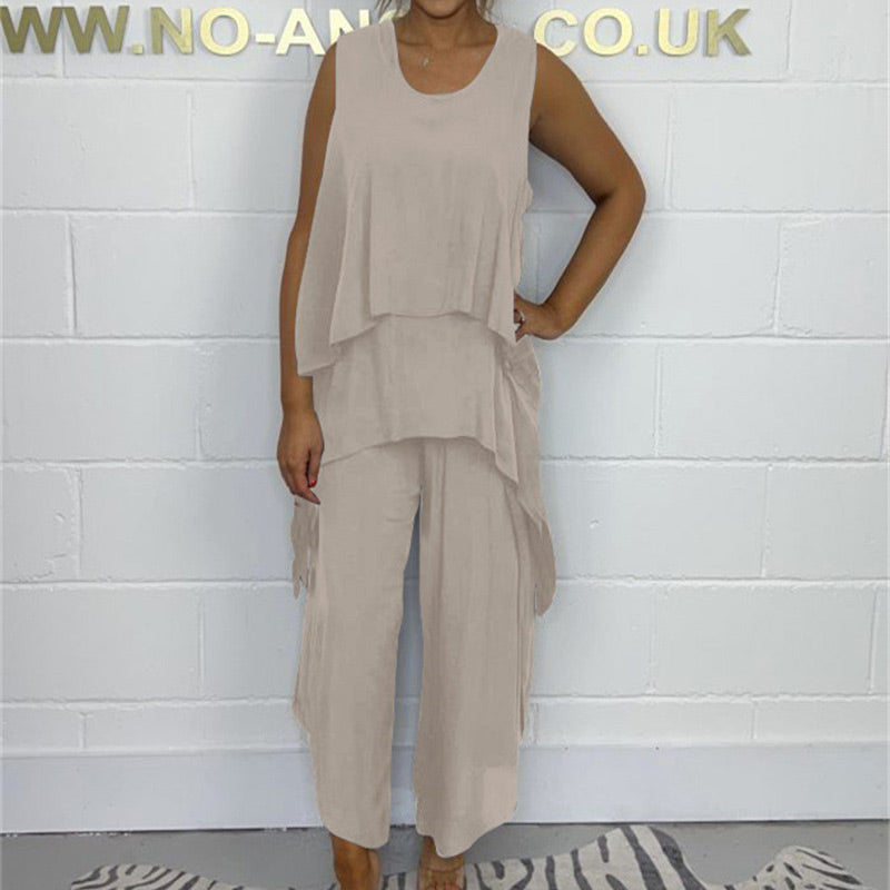 Hamza | Supergroßer Rabatt Casual ärmelloses lockeres Top und Hosen-Set für Damen in großen Größen