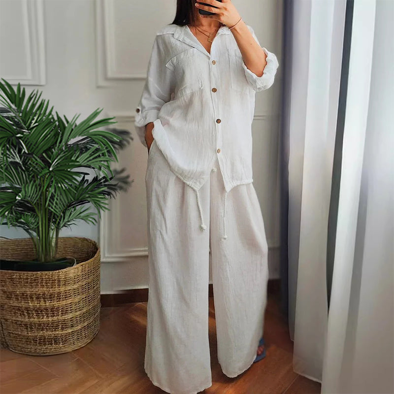 Caroline | Baumwoll-Leinen-Top mit Kordel und Baumwoll-Leinen-Hose