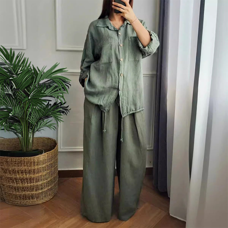 Caroline | Baumwoll-Leinen-Top mit Kordel und Baumwoll-Leinen-Hose