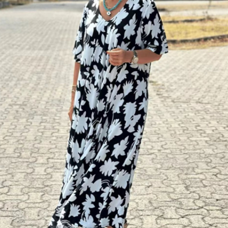 Rammie | Damen trendy Druck locker fit V-Ausschnitt langes Kleid