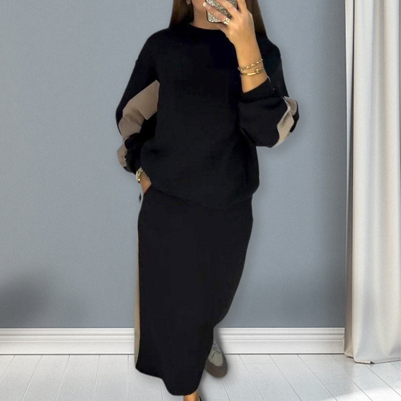 Mabelle | Farbblockierendes Set mit Langarmshirt und geteiltem Rock