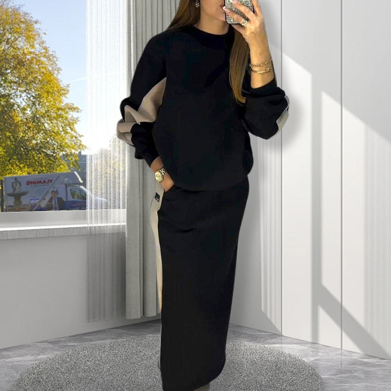 Mabelle | Farbblockierendes Set mit Langarmshirt und geteiltem Rock