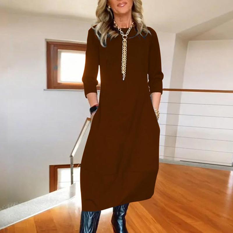 Zechariah |  Damen einfarbiges Abendkleid mit Rundhalsausschnitt und Taschen