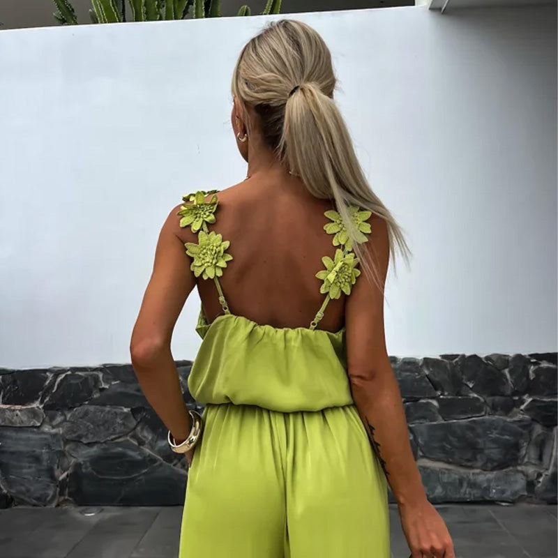 Ada | Satin Jumpsuit mit Weitem Bein – Rot, Schwarz, Grün, Ärmellos