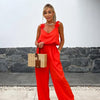 Ada | Satin Jumpsuit mit Weitem Bein – Rot, Schwarz, Grün, Ärmellos