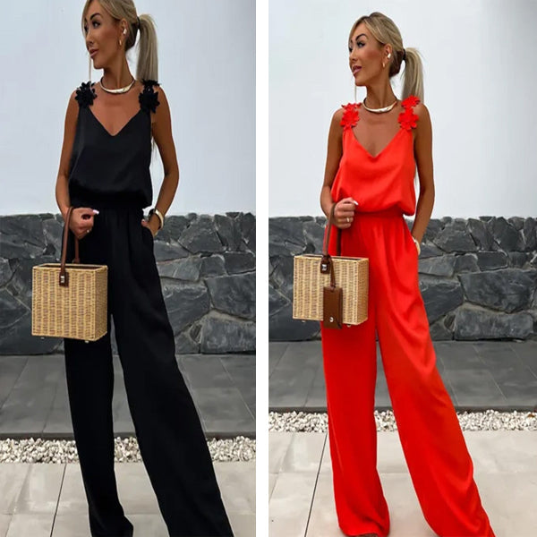 Ada | Satin Jumpsuit mit Weitem Bein – Rot, Schwarz, Grün, Ärmellos