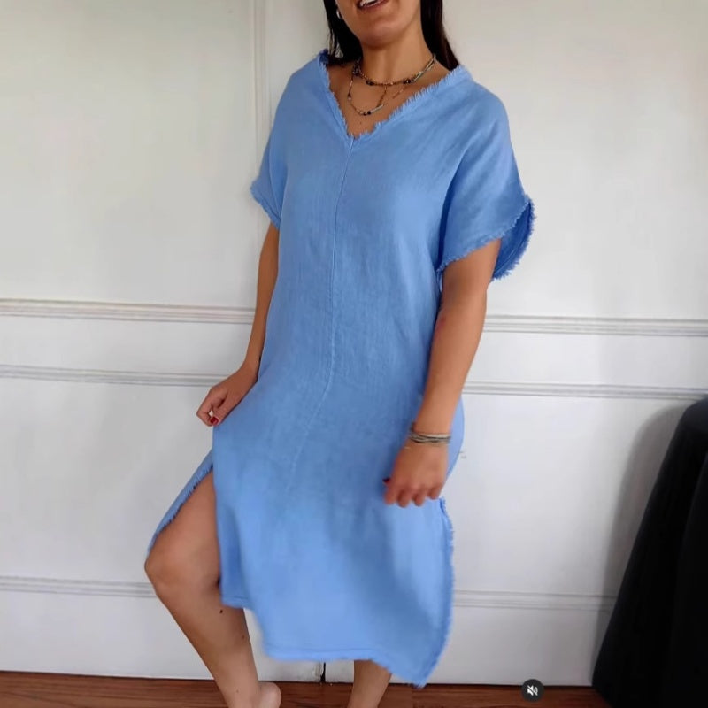 Juliette | Frühlingsneuheit Gelegenheits-Baumwoll-Leinen-Kleid mit V-Ausschnitt und Quaste