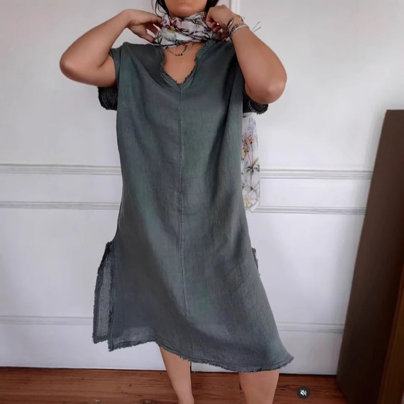 Raina | Frühlingsneuheit Gelegenheits-Baumwoll-Leinenkleid mit V-Ausschnitt