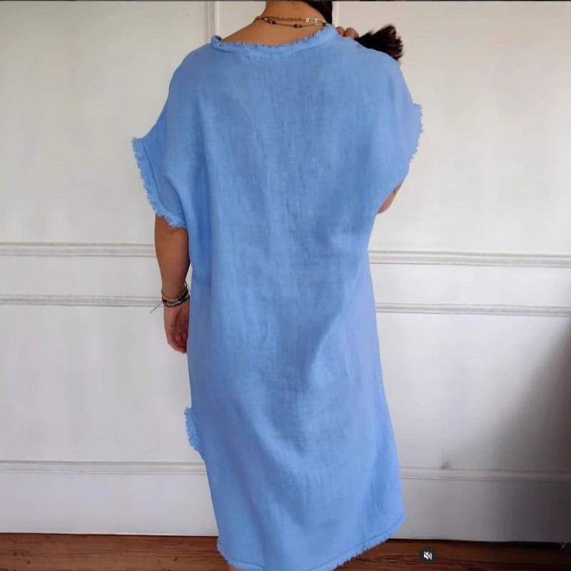 Juliette | Frühlingsneuheit Gelegenheits-Baumwoll-Leinen-Kleid mit V-Ausschnitt und Quaste