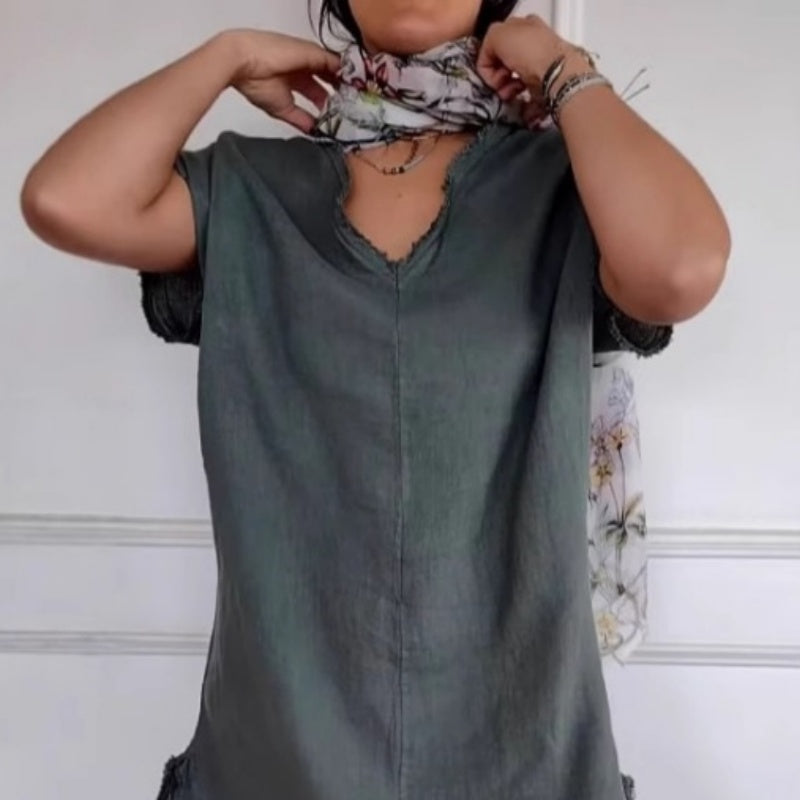 Juliette | Frühlingsneuheit Gelegenheits-Baumwoll-Leinen-Kleid mit V-Ausschnitt und Quaste