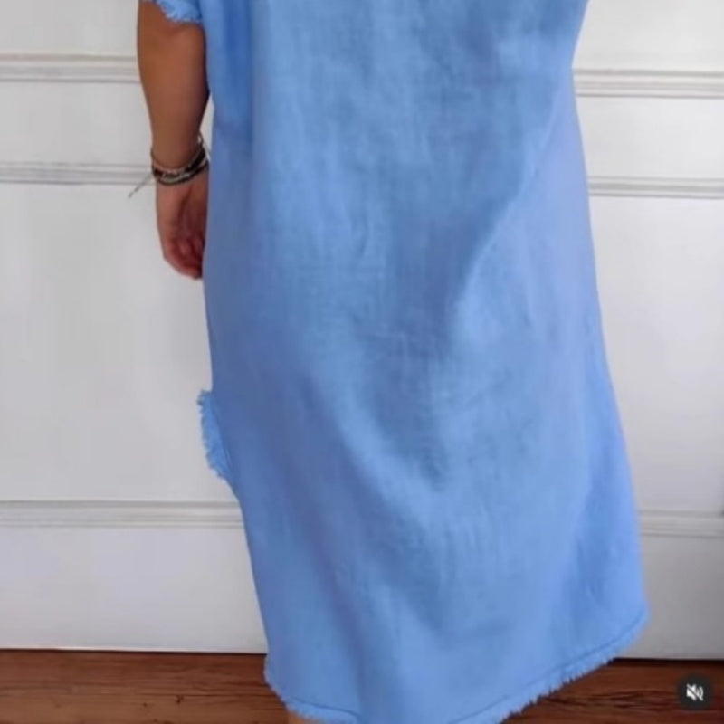 Raina | Frühlingsneuheit Gelegenheits-Baumwoll-Leinenkleid mit V-Ausschnitt