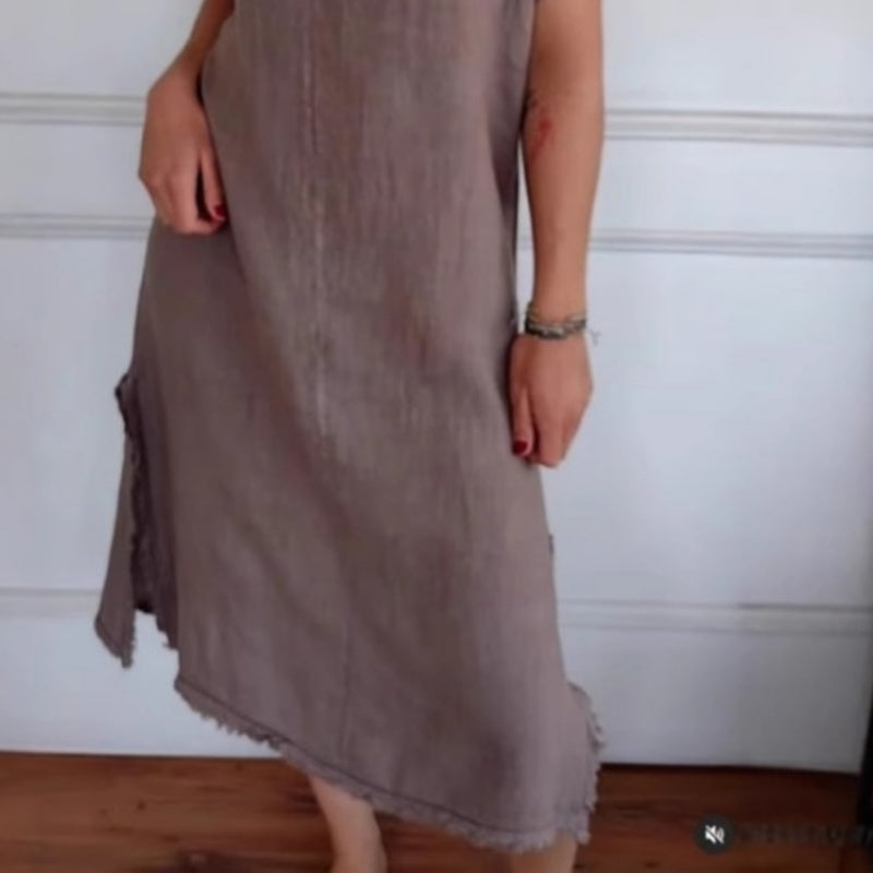 Raina | Frühlingsneuheit Gelegenheits-Baumwoll-Leinenkleid mit V-Ausschnitt