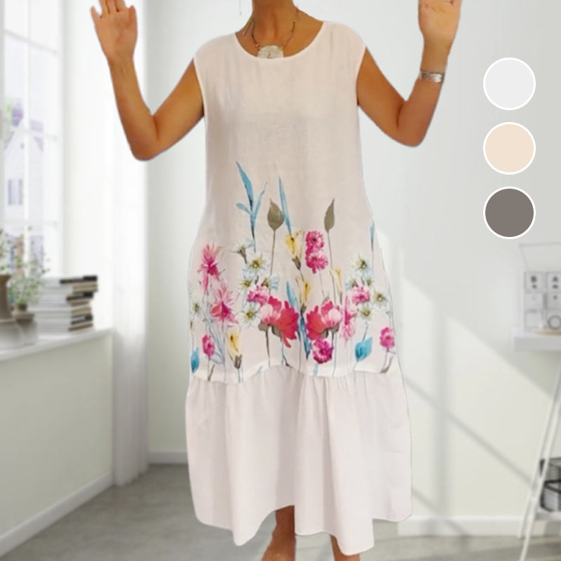 Karen | Damen lässiges ärmelloses Kleid mit Rundhalsausschnitt und Blumenmuster