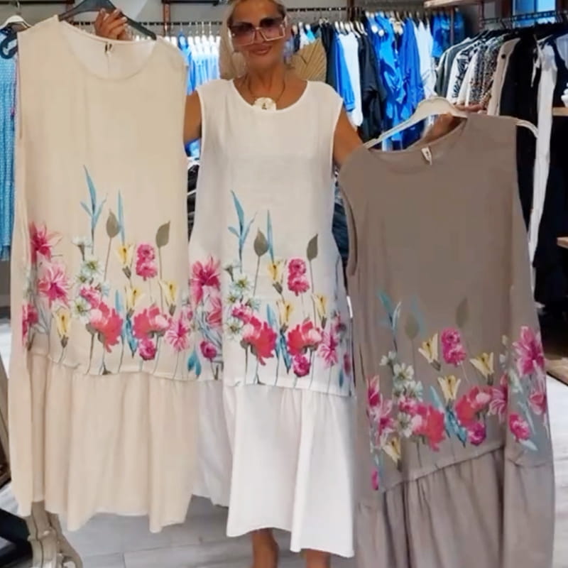 Karen | Damen lässiges ärmelloses Kleid mit Rundhalsausschnitt und Blumenmuster