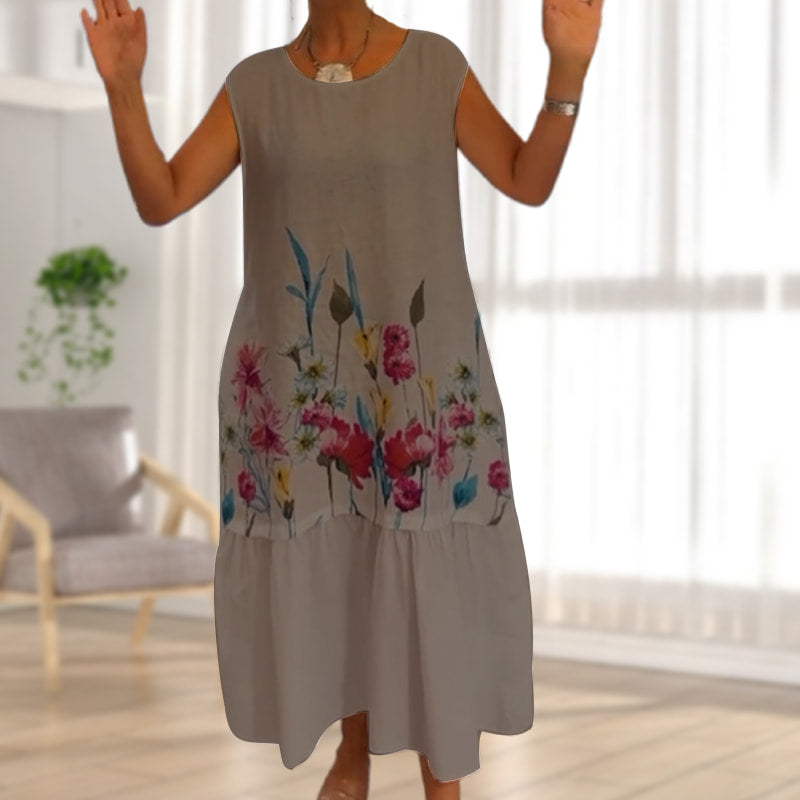 Karen | Damen lässiges ärmelloses Kleid mit Rundhalsausschnitt und Blumenmuster