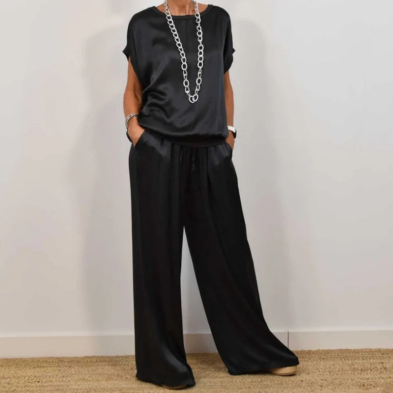 Rhea | Zweiteiliges Set aus kurzärmligem Oberteil und Hose aus Satin für Damen im neuen Stil