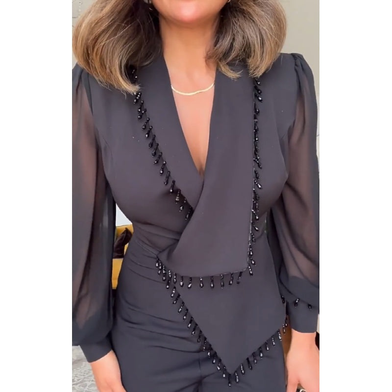 Isabelle | Elegantes Set aus Perlen Top & Weitbein Hose