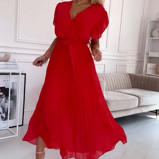 Spencer | Einfarbiges, fließendes Plisseekleid mit V-Ausschnitt für Damen