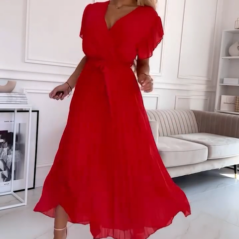 Spencer | Einfarbiges, fließendes Plisseekleid mit V-Ausschnitt für Damen