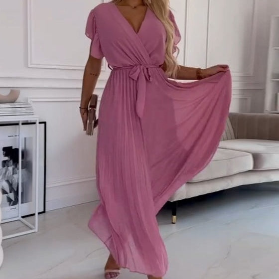 Spencer | Einfarbiges, fließendes Plisseekleid mit V-Ausschnitt für Damen