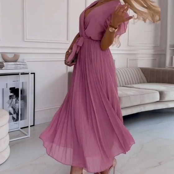 Spencer | Einfarbiges, fließendes Plisseekleid mit V-Ausschnitt für Damen