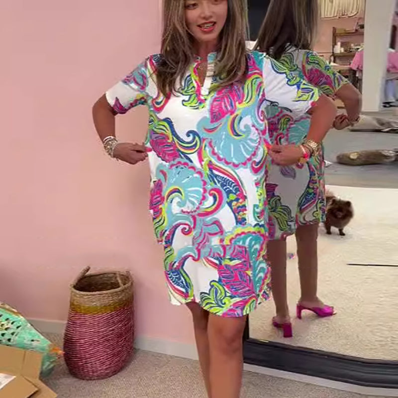 Monica | Damen Bunte Bedruckte V-Ausschnitt Kleid