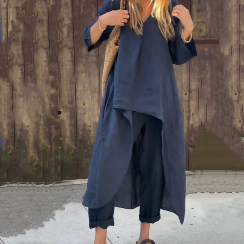 Jayda | Zweiteiliges Set aus Oberteilen und Hosen mit einfarbigem High-Low-Saum