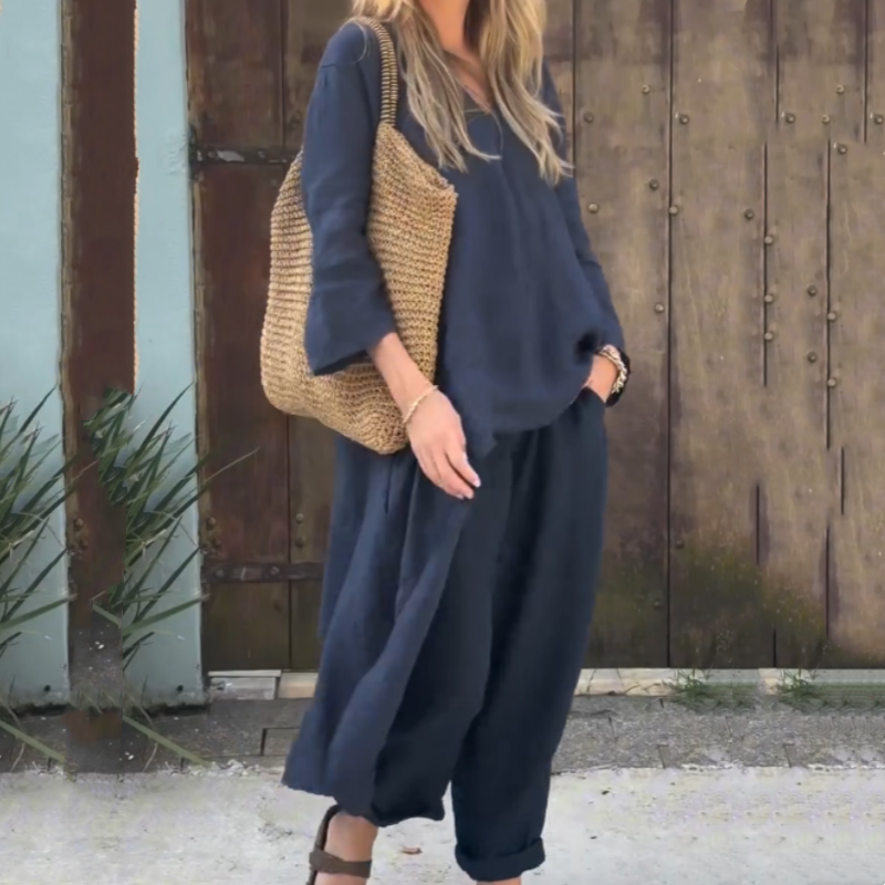 Jayda | Zweiteiliges Set aus Oberteilen und Hosen mit einfarbigem High-Low-Saum