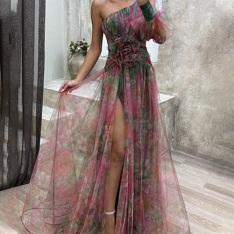 Abina | Asymmetrisches Tüllkleid für Damen – Viola, Rot, Grün, Fließende Schichten