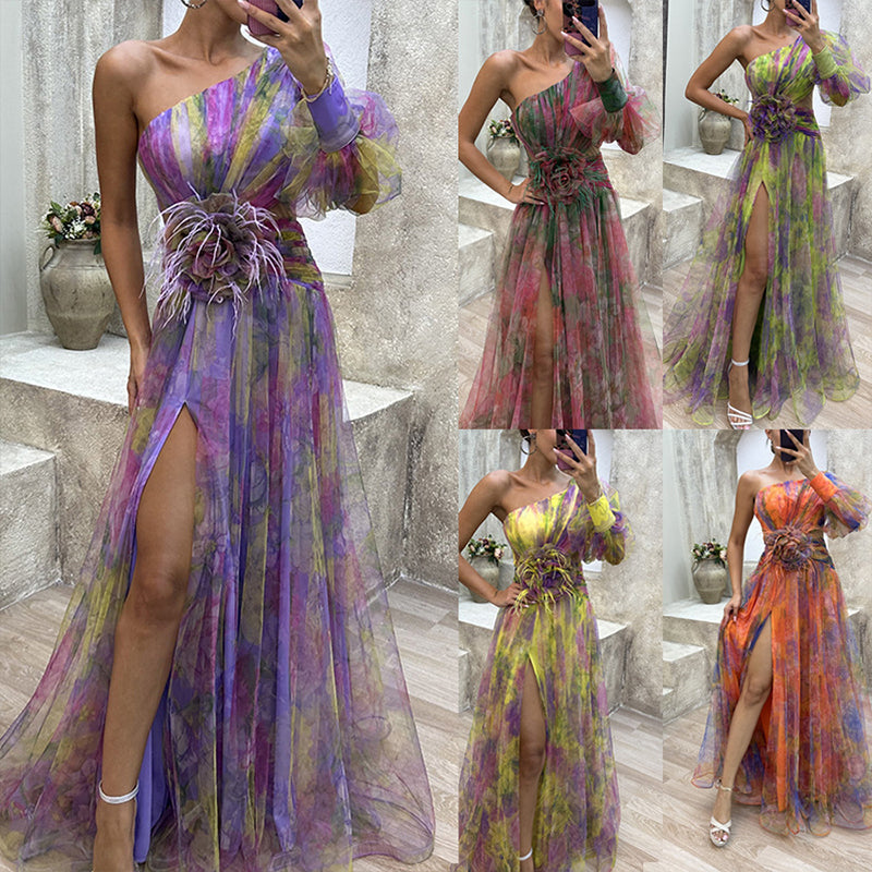 Abina | Asymmetrisches Tüllkleid für Damen – Viola, Rot, Grün, Fließende Schichten