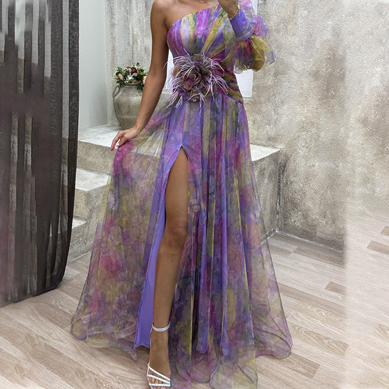 Abina | Asymmetrisches Tüllkleid für Damen – Viola, Rot, Grün, Fließende Schichten