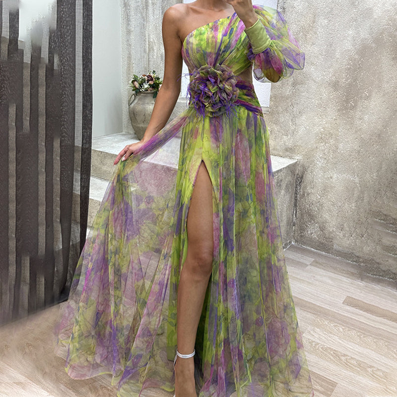 Abina | Asymmetrisches Tüllkleid für Damen – Viola, Rot, Grün, Fließende Schichten