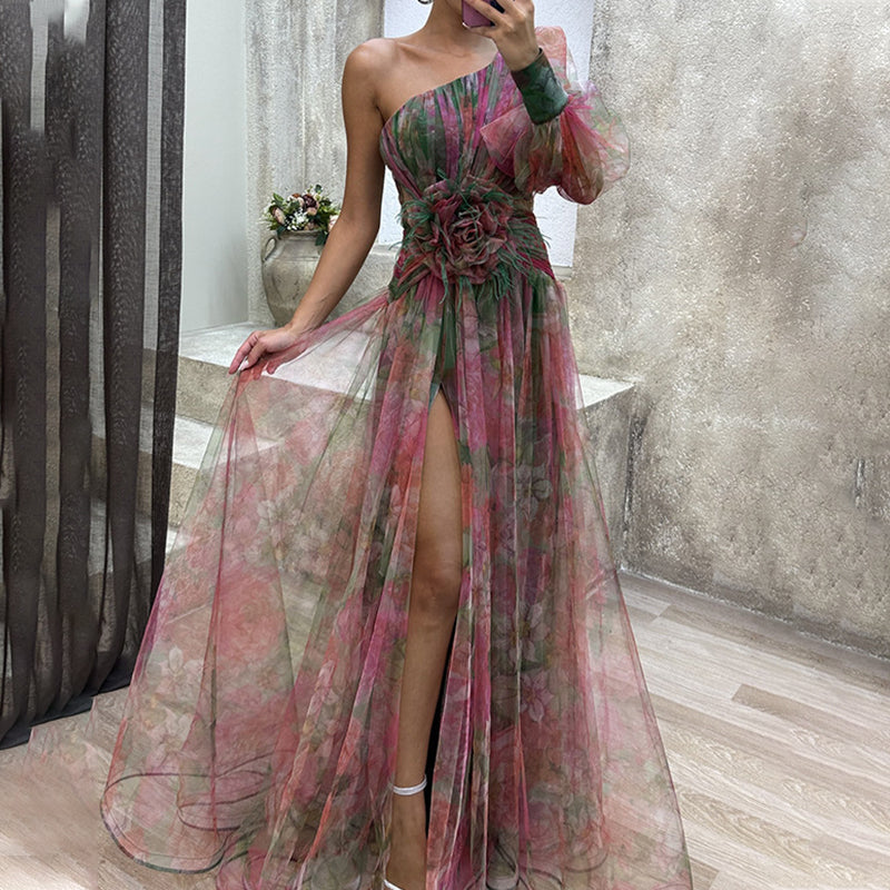 Abina | Asymmetrisches Tüllkleid für Damen – Viola, Rot, Grün, Fließende Schichten