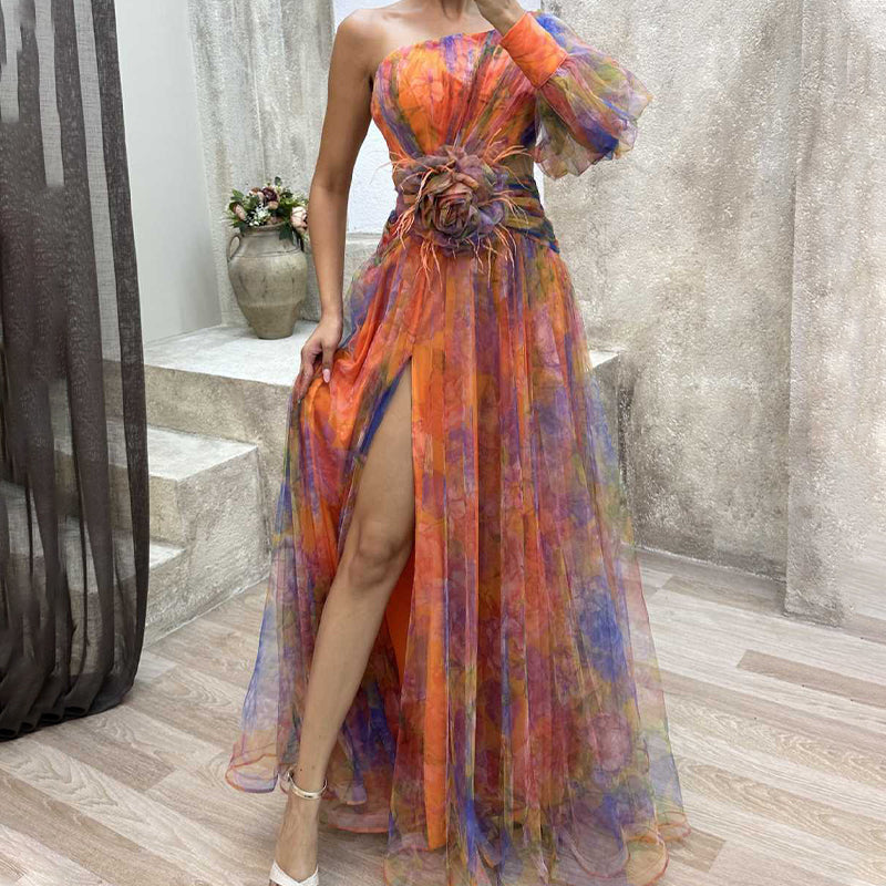 Abina | Asymmetrisches Tüllkleid für Damen – Viola, Rot, Grün, Fließende Schichten
