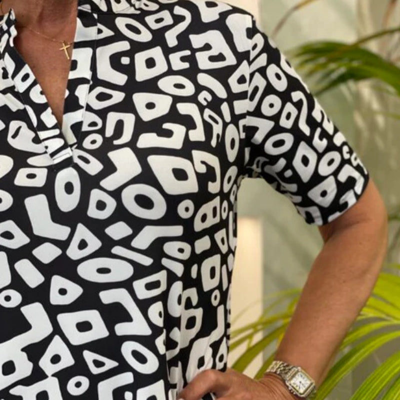 Yolanda | Damen Lässiges Kurzarm-Kleid mit V-Ausschnitt und Muster