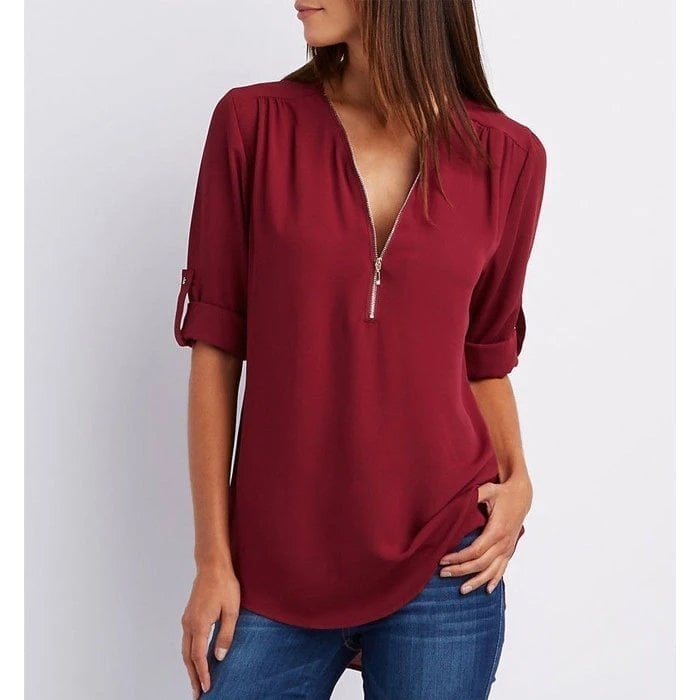Samantha | Plus Size Bluse mit 3/4-Ärmeln und Reißverschluss