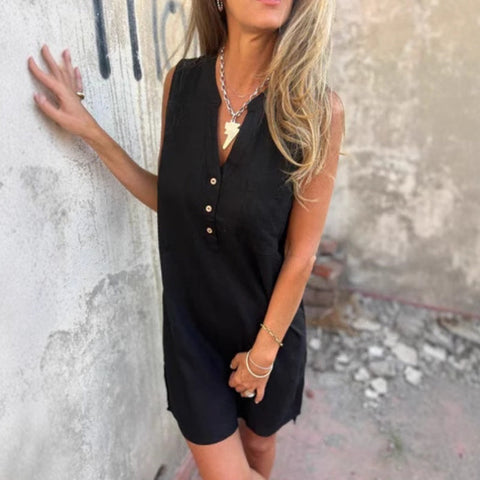 Daphne | Baumwoll-Leinen einfarbiges Kleid mit tiefer V-Tasche