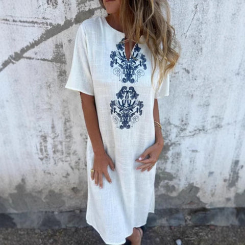 Layla | Damen Leinenkleid mit kurzen Ärmeln und V-Ausschnitt Druck