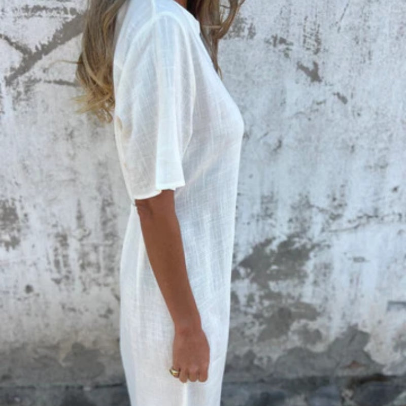 Layla | Damen Leinenkleid mit kurzen Ärmeln und V-Ausschnitt Druck