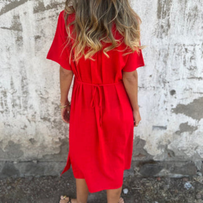 Layla | Damen Leinenkleid mit kurzen Ärmeln und V-Ausschnitt Druck